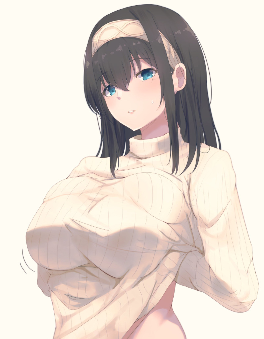 1girl bangs beige_sweater black_hair blue_eyes blush bralines breasts eyebrows_visible_through_hair hair_between_eyes hairband hand_on_breast hand_under_clothes hand_under_shirt highres idolmaster idolmaster_cinderella_girls large_breasts lifted_by_self long_hair long_sleeves looking_at_viewer midriff parted_lips ribbed_sleeves ribbed_sweater ryuu. sagisawa_fumika shirt shirt_lift sidelocks simple_background solo sweatdrop sweater turtleneck upper_body white_background