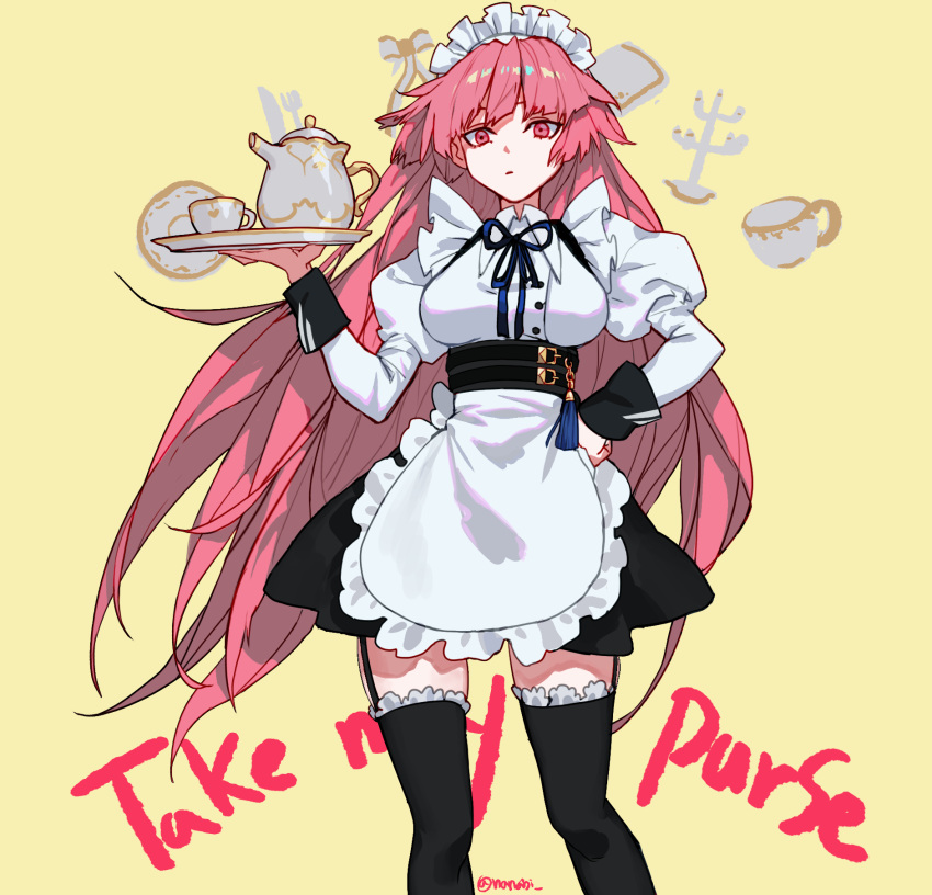 1girl apron artist_name black_legwear breasts closed_mouth english_text eyebrows_visible_through_hair girls_frontline hand_on_hip highres holding holding_tray long_hair looking_at_viewer maid maid_apron maid_headdress ntw-20_(girls_frontline) purple_hair simple_background sobi_(dnenqkswja) solo standing thigh-highs tray violet_eyes yellow_background