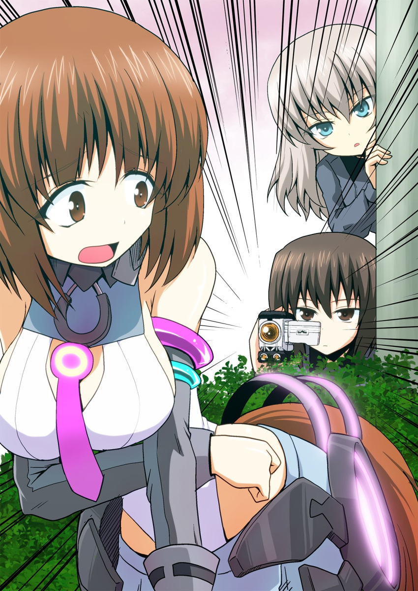3girls around_corner blue_eyes breast_hold breasts brown_eyes brown_hair camera commentary cosplay day detached_sleeves dress_shirt emphasis_lines fake_tail frown girls_und_panzer grey_shirt grey_skirt grey_sleeves highleg highleg_leotard highres holding holding_camera horse_tail itsumi_erika kamishima_kanon kuromorimine_school_uniform leaning_forward leotard light_frown long_sleeves looking_at_another looking_back lowleg lowleg_skirt medium_breasts medium_hair mihono_bourbon mihono_bourbon_(cosplay) multiple_girls necktie nishizumi_maho nishizumi_miho open_mouth outdoors parted_lips purple_neckwear recording school_uniform shirt short_hair siblings silver_hair siscon sisters skirt standing tail umamusume white_leotard wing_collar