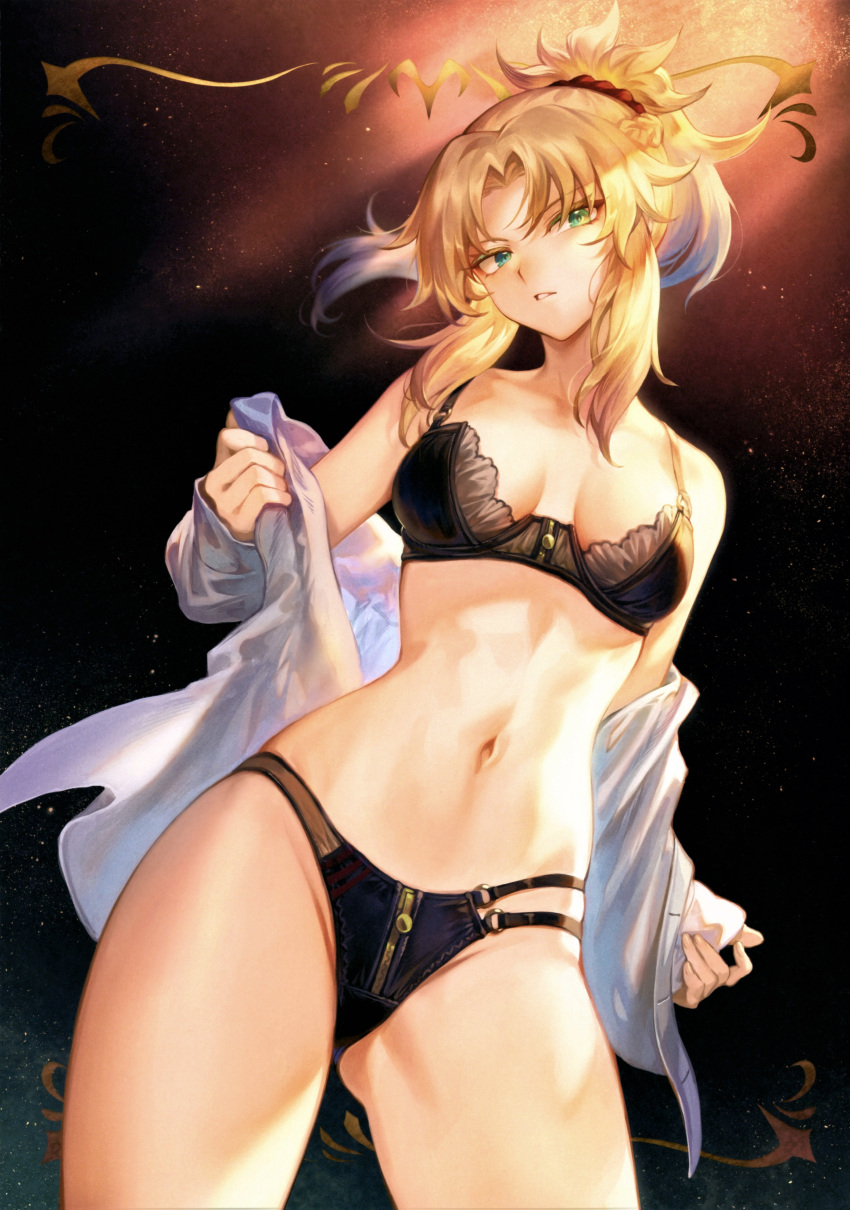 1girl absurdres bangs bare_shoulders blonde_hair bra braid breasts eyebrows_visible_through_hair fate/grand_order fate_(series) green_eyes hair_ornament highres long_hair looking_at_viewer mashuu_(neko_no_oyashiro) medium_breasts mordred_(fate)_(all) navel off_shoulder panties parted_lips scan shirt sidelocks simple_background solo stomach thighs tied_hair underwear underwear_only zipper zipper_pull_tab