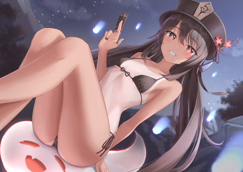 1girl ass bare_arms bare_legs bare_shoulders bikini bikini_tan black_bikini black_hair black_headwear black_nails breasts collarbone feet_out_of_frame flower front-tie_bikini front-tie_top genshin_impact ghost grin halterneck hat hat_flower highres hitodama holding hu_tao jewelry long_hair looking_at_viewer marinesnow micro_bikini multiple_rings nail_polish red_eyes ring side-tie_bikini small_breasts smile solo star-shaped_pupils star_(symbol) string_bikini swimsuit symbol-shaped_pupils talisman tan tanline thighs twintails very_long_hair