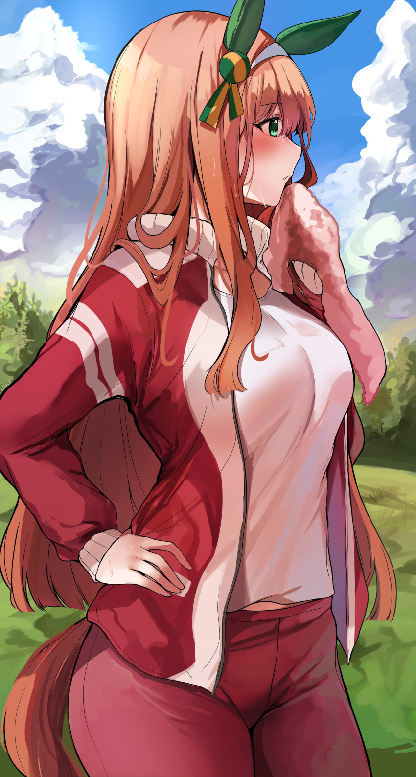 1girl absurdres animal_ears bangs blush breasts day from_side hairband highres horse_ears horse_girl horse_tail jacket large_breasts long_hair long_sleeves open_clothes open_jacket orange_hair outdoors pants profile red_jacket red_pants red_track_suit sak_(lemondisk) silence_suzuka tail track_jacket track_pants track_suit umamusume white_hairband