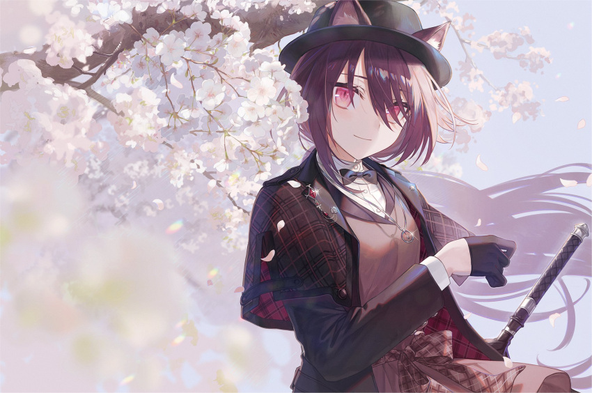 1girl animal_ear_fluff animal_ears arknights black_bow black_capelet black_gloves black_headwear black_jacket black_neckwear bow bowtie brown_dress capelet cat_ears cherry_blossoms closed_mouth day dress ears_through_headwear fedora floating_hair gem glint gloves hair_over_one_eye hat highres jacket jewelry ji_mag_(artist) long_hair long_sleeves looking_at_viewer melantha_(arknights) melantha_(letters_from_wessex)_(arknights) necklace open_clothes open_jacket outdoors petals plaid plaid_capelet purple_hair ruby_(gemstone) smile solo spring_(season) upper_body very_long_hair violet_eyes