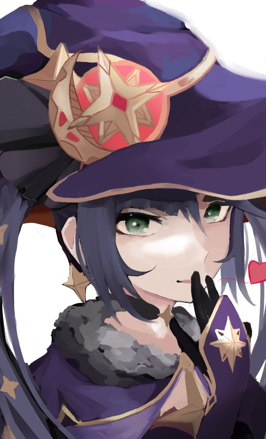 1girl absurdres bangs black_gloves black_hair blown_kiss capelet choker close-up earrings english_commentary fur_trim genshin_impact gloves green_eyes hair_between_eyes hand_to_own_mouth hat heart highres jewelry khoa looking_at_viewer mona_(genshin_impact) open_mouth purple_headwear solo twintails upper_body vision_(genshin_impact) white_background witch_hat