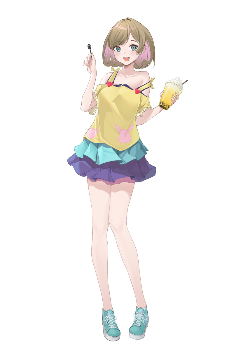 1girl :d absurdres animal_print bare_legs blue_eyes blue_footwear blue_skirt brown_hair bunny_print collarbone eyebrows_visible_through_hair highres holding holding_spoon kuroja layered_skirt looking_at_viewer love_live! love_live!_superstar!! medium_hair miniskirt multicolored_hair off_shoulder pink_hair pleated_skirt print_shirt shirt shoes short_sleeves simple_background skirt smile sneakers solo spoon tang_keke two-tone_hair white_background yellow_shirt