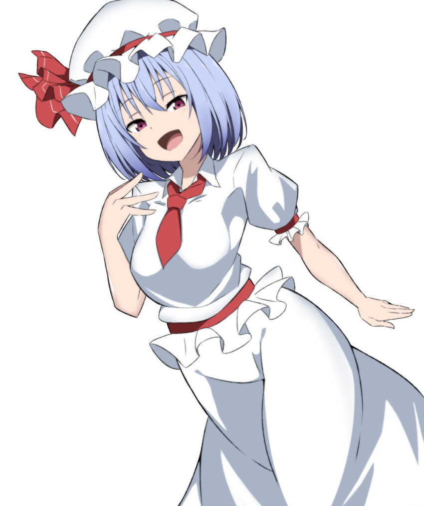 1girl :d ascot blue_hair breasts hat hat_ribbon highres looking_at_viewer mob_cap open_mouth red_ascot red_eyes red_ribbon remilia_scarlet ribbon shirt short_hair skirt smile solo star_(symbol) touhou to~fuya white_background white_headwear white_shirt white_skirt