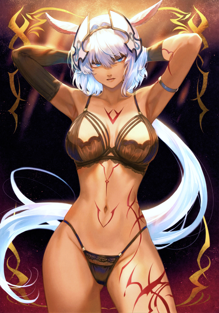 1girl absurdres animal_ears armlet arms_behind_head asymmetrical_gloves bangs bare_shoulders black_lingerie bra breasts caenis_(fate) collarbone dark_skin elbow_gloves fate/grand_order fate_(series) gloves hair_ornament highleg highres lingerie lips long_hair looking_at_viewer mashuu_(neko_no_oyashiro) medium_breasts mound_of_venus navel panties parted_lips scan simple_background solo stomach tattoo thighs tied_hair underwear underwear_only