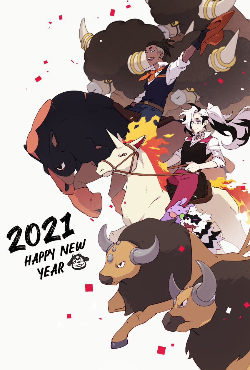 2021 2boys alternate_costume arm_up belt black_gloves black_hair bouffalant brown_belt chinese_zodiac closed_mouth commentary earrings eyeshadow fire floating_hair galarian_form galarian_zigzagoon gen_1_pokemon gen_2_pokemon gen_5_pokemon gen_6_pokemon gen_7_pokemon gen_8_pokemon gloves goomy happy_new_year highres jewelry makeup male_focus miltank mudsdale multicolored_hair multiple_boys new_year open_mouth pants piers_(pokemon) pokemon pokemon_(creature) pokemon_(game) pokemon_swsh purple_pants raihan_(pokemon) riding_pokemon sitting sleeves_rolled_up smile tauros teeth tongue two-tone_hair undercut white_hair year_of_the_ox zigzagdb