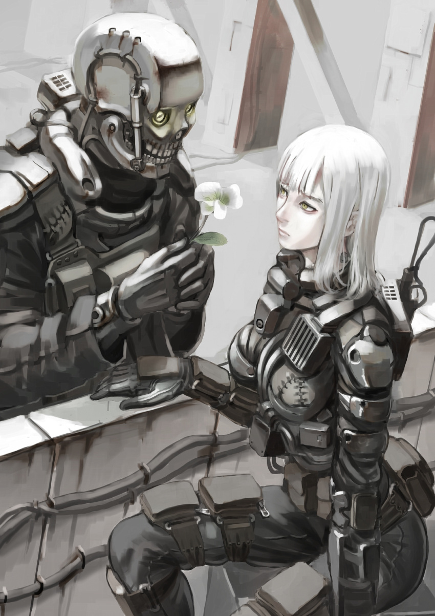1boy 1girl ammunition_pouch android armor black_bodysuit bodysuit breasts closed_mouth commentary_request flower highres holding holding_flower jittsu looking_at_another mechanical_arms mechanical_parts medium_breasts medium_hair original pouch science_fiction sitting stitches white_flower white_hair yellow_eyes