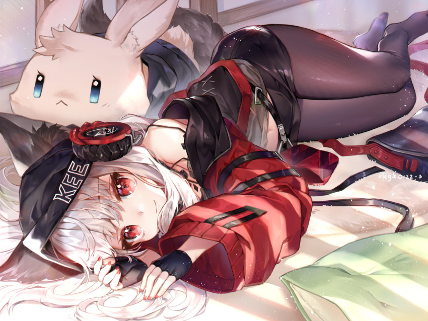 1girl :&lt; animal_ears arknights bag bangs bare_shoulders bed_sheet black_gloves black_headwear black_skirt blush brown_legwear closed_mouth commentary eyebrows_visible_through_hair fingerless_gloves fox_ears fox_girl fox_tail frostleaf_(arknights) gloves headphones highres jacket long_hair looking_at_viewer lying miniskirt nail_polish navel ninjinshiru no_shoes off_shoulder on_bed on_side open_clothes open_jacket oripathy_lesion_(arknights) pantyhose pillow red_eyes red_jacket red_nails silver_hair skirt smile solo stuffed_animal stuffed_bunny stuffed_toy symbol_commentary tail