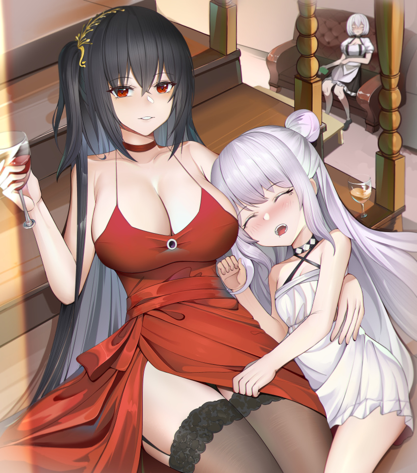3girls absurdres apron azur_lane bare_shoulders black_hair breasts brown_skirt choker couch criss-cross_halter cup dress drinking_glass eyebrows_visible_through_hair garter_straps halterneck highres holding holding_cup indoors lace-trimmed_legwear lace_trim large_breasts le_malin_(azur_lane) le_malin_(the_knight's_true_nature)_(azur_lane) long_hair looking_at_viewer multiple_girls official_alternate_costume on_couch open_mouth red_choker red_dress red_eyes short_hair short_sleeves silver_hair sirius_(azur_lane) skirt sleeping sleeveless sleeveless_dress stairs taihou_(azur_lane) taihou_(forbidden_feast)_(azur_lane) thigh-highs urushi_quihei_no_choetsu-sha very_long_hair white_apron white_dress wine_glass