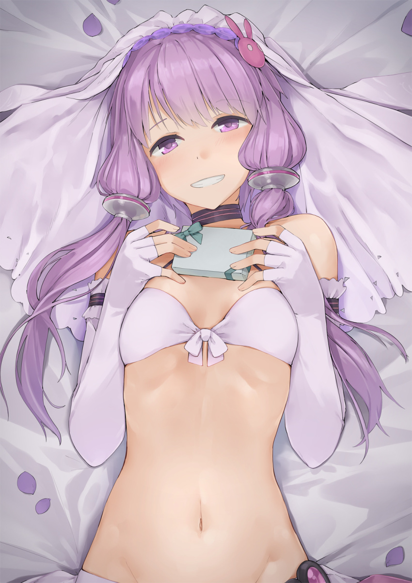 1girl bangs bare_shoulders bed_sheet blush box breasts bunny_hair_ornament commentary elbow_gloves eyebrows_visible_through_hair fingerless_gloves gift gift_box gloves grin groin hair_ornament head_tilt highres holding holding_gift kanzen_bouon long_hair looking_at_viewer lying navel on_back petals purple_gloves purple_hair small_breasts smile solo upper_body veil violet_eyes voiceroid yuzuki_yukari