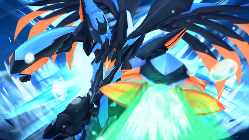 energy_beam energy_cannon flying glowing highres horns kurowassan mark_alles mecha no_humans solo soukyuu_no_fafner spikes splashing sword visor water weapon wings