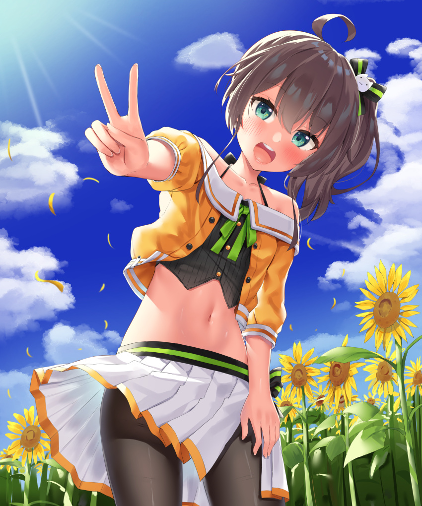 1girl :d absurdres bangs bare_shoulders black_bow black_ribbon blue_sky blush bow brown_hair brown_legwear buttons cat_hair_ornament closed_mouth clouds collarbone commentary_request day eyebrows_visible_through_hair flower green_eyes green_ribbon hair_between_eyes hair_ornament hair_ribbon hands_up highres hololive jacket k_mugura looking_at_viewer medium_hair medium_skirt midriff natsuiro_matsuri navel off-shoulder_jacket open_mouth orange_jacket outdoors pantyhose pleated_skirt ribbon shiny shiny_hair side_ponytail skirt sky smile solo standing stomach sunflower sunflower_petals sunlight upper_teeth v virtual_youtuber white_skirt