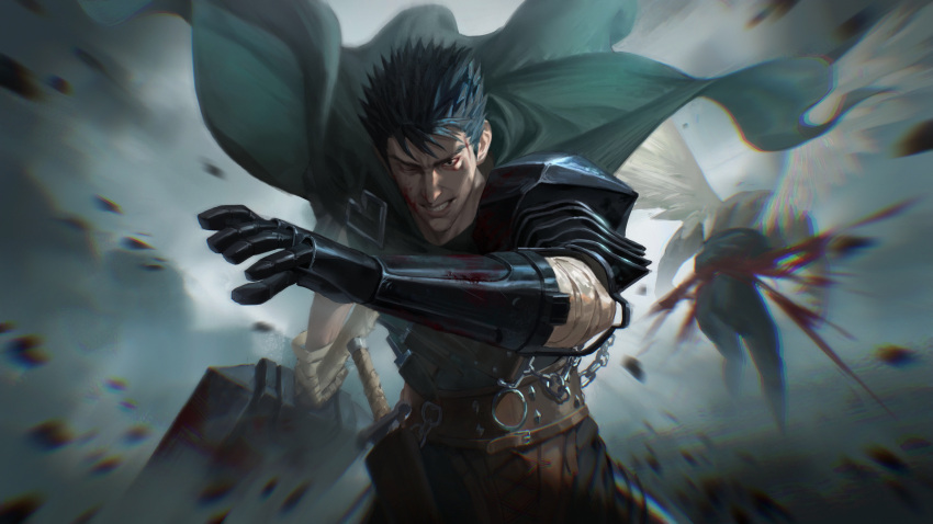 1boy 1other 2boys absurdres angel angel_wings armor bandaged_arm bandages battle belt berserk bisected black_eyes black_hair blood blood_on_face blurry blurry_foreground brown_belt cape chaidision chain chromatic_aberration clenched_teeth dagger greatsword green_cape guts_(berserk) highres holding holding_sword holding_weapon knife mechanical_arms multiple_boys one_eye_closed outdoors pauldrons sheath sheathed shirtless shoulder_armor single_mechanical_arm single_pauldron solo_focus spiky_hair sword teeth throwing_knife weapon wings