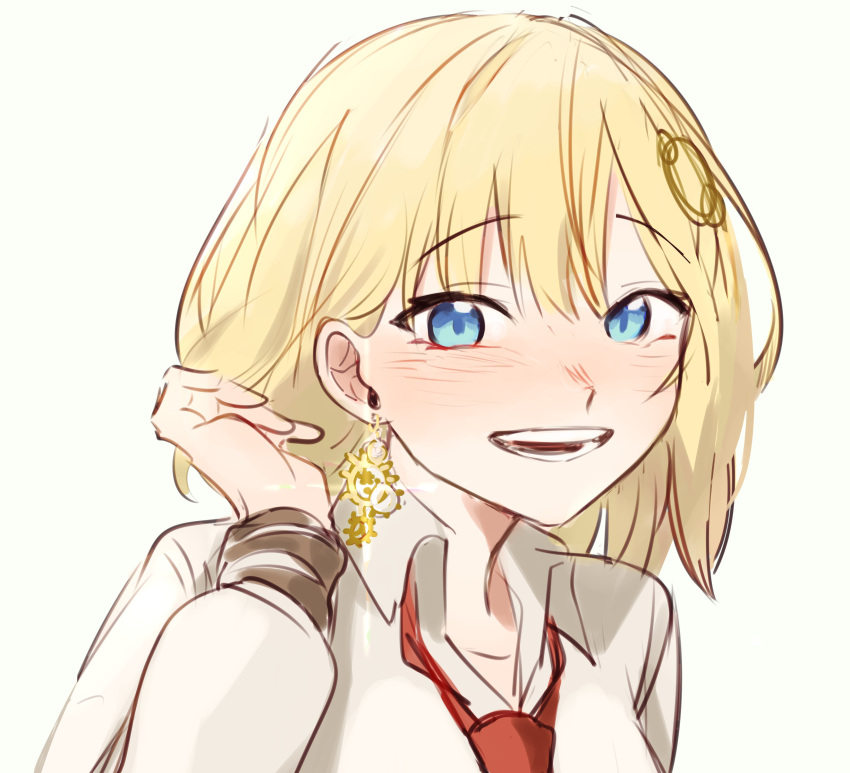 1girl absurdres blonde_hair blue_eyes blush earrings hand_in_hair highres hololive hololive_english jewelry looking_at_viewer necktie nose_blush red_neckwear shew_(shew03) short_hair sketch smile solo upper_body watson_amelia white_background