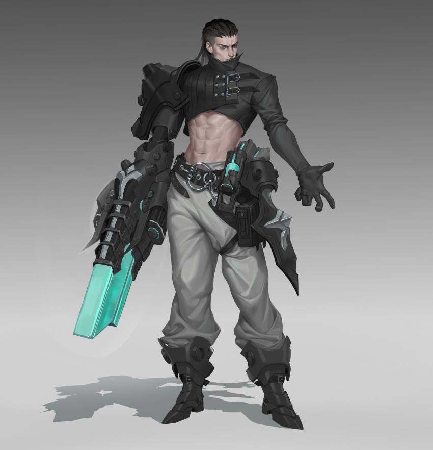 1boy abs absurdres armor belt belt_pouch black_eyes black_hair chaidision closed_mouth cyberpunk gradient gradient_background gun highres male_focus md5_mismatch mechanical_arms midriff muscular muscular_male navel open_hand original pauldrons pouch science_fiction shadow shoulder_armor single_mechanical_arm single_pauldron solo standing weapon