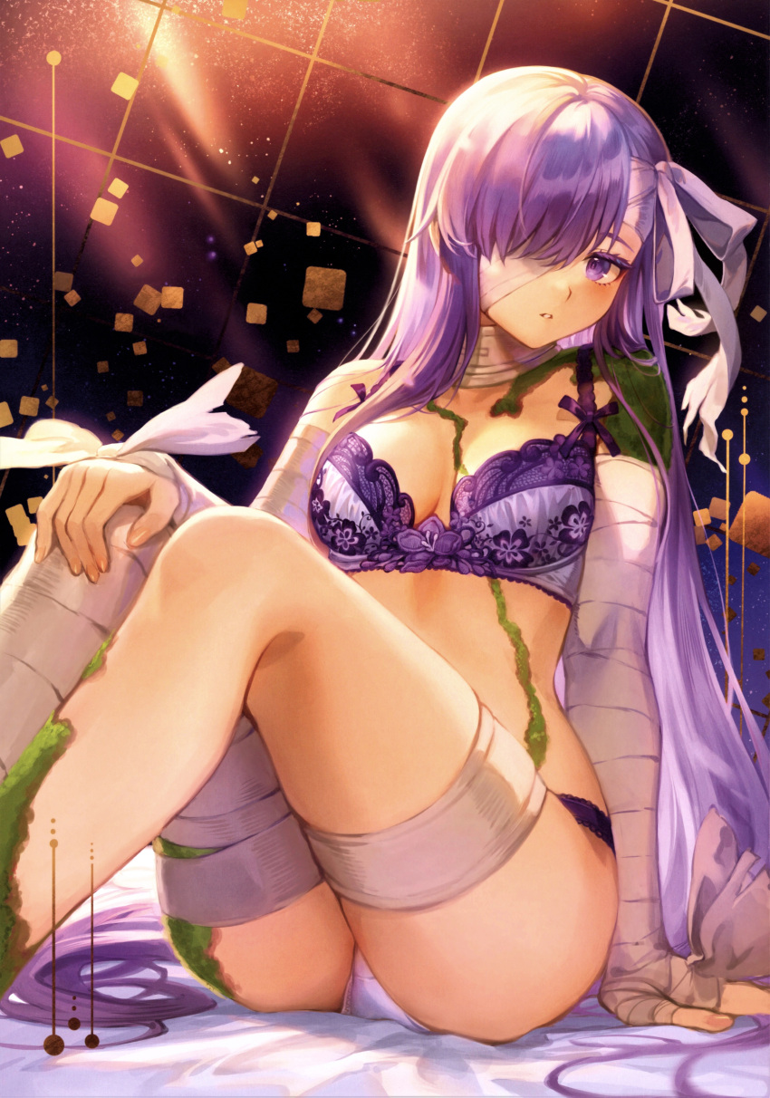 1girl absurdres arm_support ass bandage_over_one_eye bandaged_arm bandaged_leg bandages bow bra fate/extra fate/extra_ccc fate/extra_ccc_fox_tail fate/grand_order fate_(series) fingernails hair_bow hair_ornament highres kingprotea_(fate) knees_up mashuu_(neko_no_oyashiro) moss panties parted_lips purple_hair scan simple_background sitting solo thighs underwear underwear_only violet_eyes