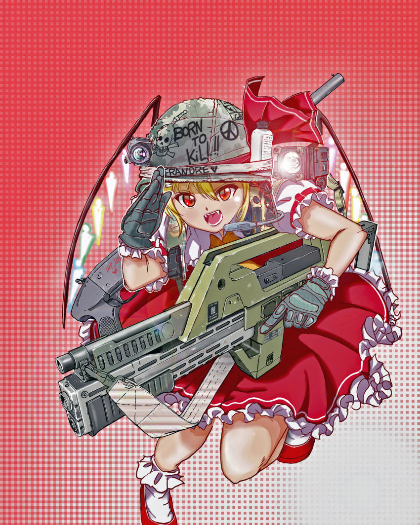 1girl aliens backpack bag bangs blonde_hair bobby_socks camera character_name colonial_marine crystal english_text fangs flandre_scarlet flashlight frilled_skirt frilled_sleeves frills frown full_metal_jacket gloves green_gloves grey_headwear gun headset heart helmet highres holding holding_gun holding_weapon leg_up looking_at_viewer m41a_pulse_rifle mary_janes medium_skirt nakamura_3sou neck_ribbon open_mouth peace_symbol puffy_short_sleeves puffy_sleeves red_background red_eyes red_footwear red_shirt red_skirt ribbon salute scarlet_devil_mansion shirt shoes short_hair short_sleeves shotgun single_horizontal_stripe skirt skirt_set skull_and_crossbones socks solo standing standing_on_one_leg tally touhou trigger_discipline weapon weapon_on_back white_legwear wings yellow_neckwear