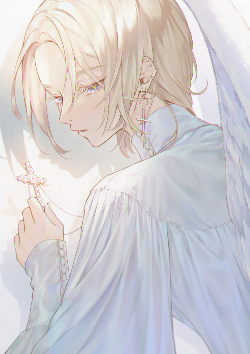 1boy absurdres angel_wings backlighting bishounen blonde_hair blue_eyes buttons chromatic_aberration colored_eyelashes cross cross_earrings cross_necklace diamond_(gemstone) ear_piercing earrings eyebrows_visible_through_hair eyelashes eyes_visible_through_hair facing_viewer feathered_wings feathers fingernails from_behind gem glint gold_earrings gold_necklace hand_up high_collar highres holding holding_jewelry jewelry latin_cross light_blush light_particles lips long_sleeves looking_afar looking_down male_focus medium_hair necklace nolang original parted_lips piercing puffy_long_sleeves puffy_sleeves shadow shirt simple_background sleeves_past_wrists straight_hair symbol_in_eye tsurime upper_body white_background white_shirt white_wings wings