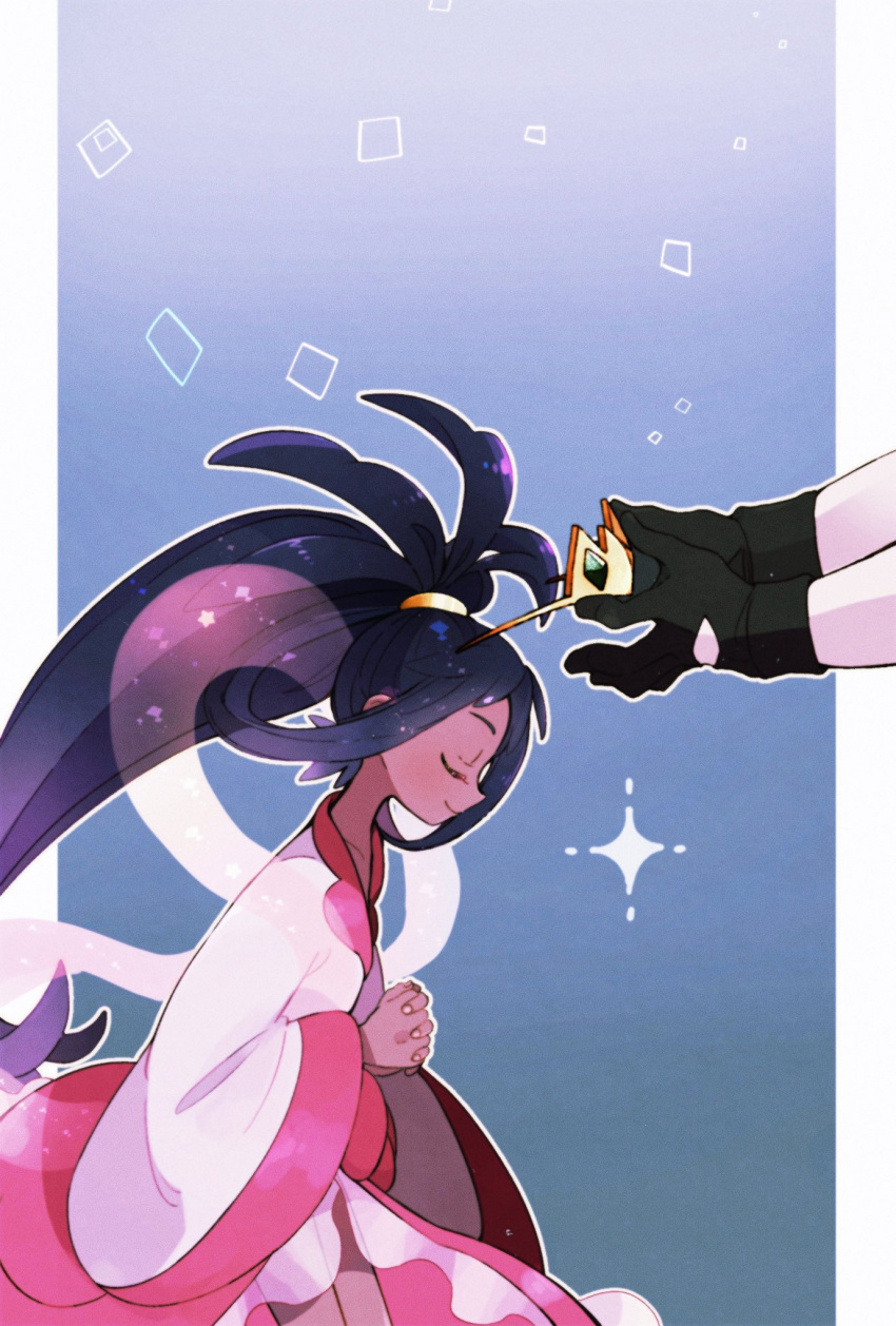 1girl black_hair closed_eyes closed_mouth commentary_request dark_skin dark-skinned_female from_side gloves hair_tie hands_together highres interlocked_fingers iris_(pokemon) long_hair ohds101 outline pokemon pokemon_(game) pokemon_bw2 smile sparkle tied_hair wide_sleeves