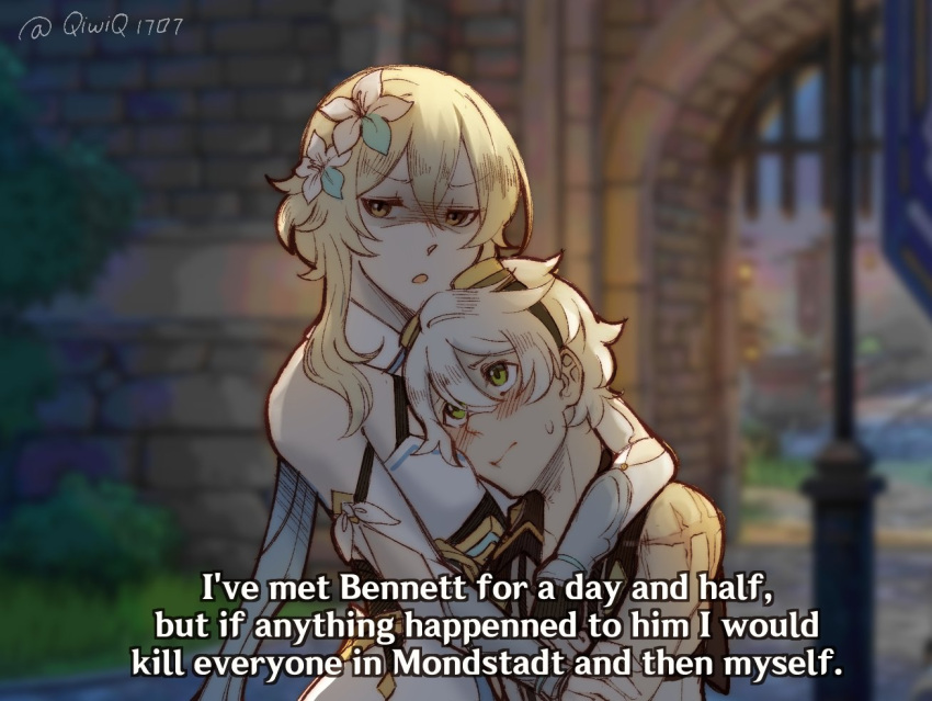 1boy 1girl bare_shoulders bennett_(genshin_impact) blonde_hair blurry blurry_background blush brooklyn_nine-nine detached_sleeves english_text flower genshin_impact green_eyes hair_flower hair_ornament hug i've_only_had_arlo_for_a_day_and_a_half looking_up lumine_(genshin_impact) meme open_mouth qiwiq short_hair short_hair_with_long_locks subtitled sweatdrop upper_body white_hair yellow_eyes