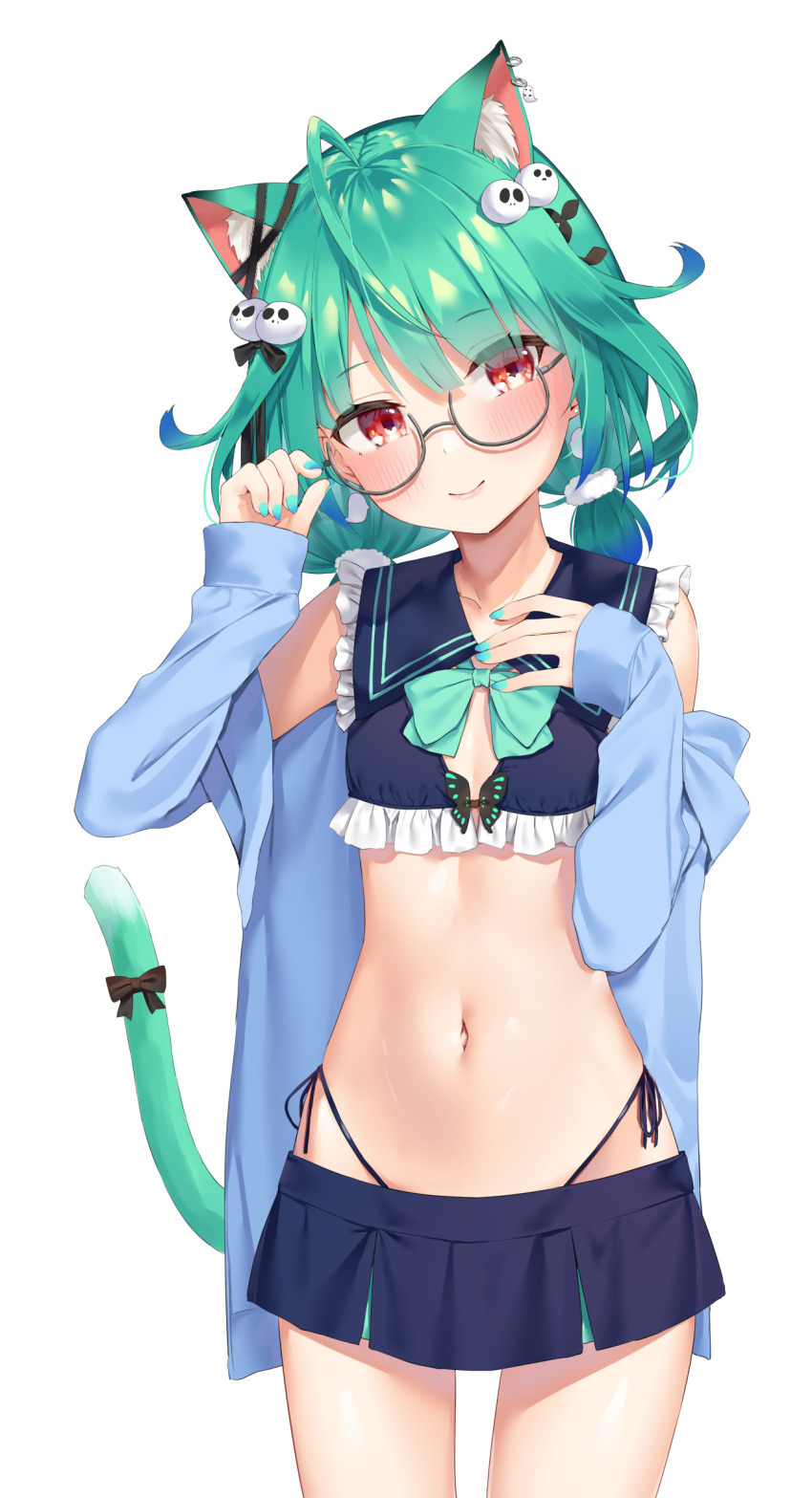 1girl ahoge animal_ear_fluff animal_ears bare_shoulders bikini bikini_under_clothes black_bikini black_shirt black_skirt blue_jacket blue_nails bow bowtie cat_ears cat_girl cat_tail cowboy_shot crop_top flat_chest frilled_shirt frills glasses green_hair hair_ornament hands_up head_tilt highleg highleg_bikini highres hololive jacket k_mugura looking_at_viewer microskirt midriff nail_polish navel off_shoulder open_clothes open_jacket red_eyes sailor_collar semi-rimless_eyewear shirt short_hair side-tie_bikini simple_background skirt sleeveless sleeveless_shirt smile solo stomach string_bikini swimsuit tail under-rim_eyewear uruha_rushia virtual_youtuber white_background