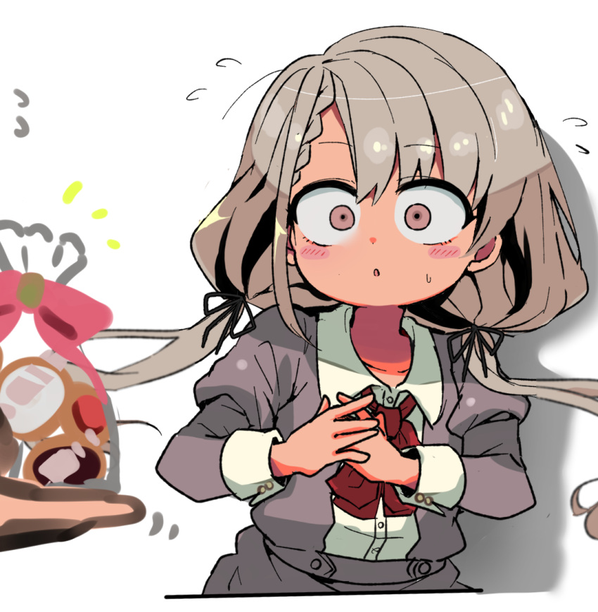 1girl :o bag bangs black_bow black_ribbon blush blush_stickers body_blush bow bowtie braid braided_bangs brown_eyes chibi commentary cookie dress_shirt drop_shadow embarrassed eyebrows_visible_through_hair food full-face_blush grey_jacket grey_skirt hair_between_eyes hair_bow hair_ribbon hands_on_own_chest hands_together hisakawa_nagi idolmaster idolmaster_cinderella_girls jacket long_hair long_sleeves looking_at_viewer low_twintails motion_lines notice_lines panicking parted_lips pink_bow pink_ribbon pov pov_hands puffy_sleeves raised_eyebrows red_bow red_neckwear ribbon sanpaku sasaki_rindou school_uniform shirt silver_hair simple_background skirt solo surprised sweatdrop swept_bangs twintails upper_body white_background white_day white_shirt