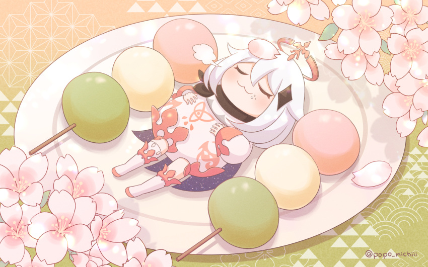 1girl boots closed_eyes crumbs dango edzf flower food food_focus genshin_impact paimon_(genshin_impact) plate skewer sleeping solo tagme wagashi