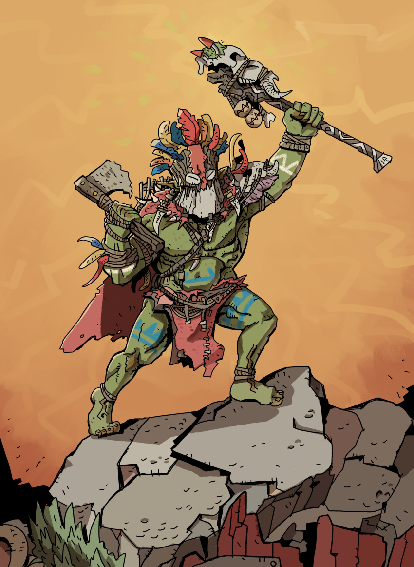 1boy absurdres animal_skull axe barefoot cape colored_skin commentary_request effigy feathers full_body green_skin hatchet highres ho-uja korean_commentary loincloth mask no_humans orange_background orange_sky orc outdoors red_cape shaman skull sky solo spikes staff standing stone tattoo tribal tribal_tattoo war_paint warhammer_fantasy wurrzag_da_prophet