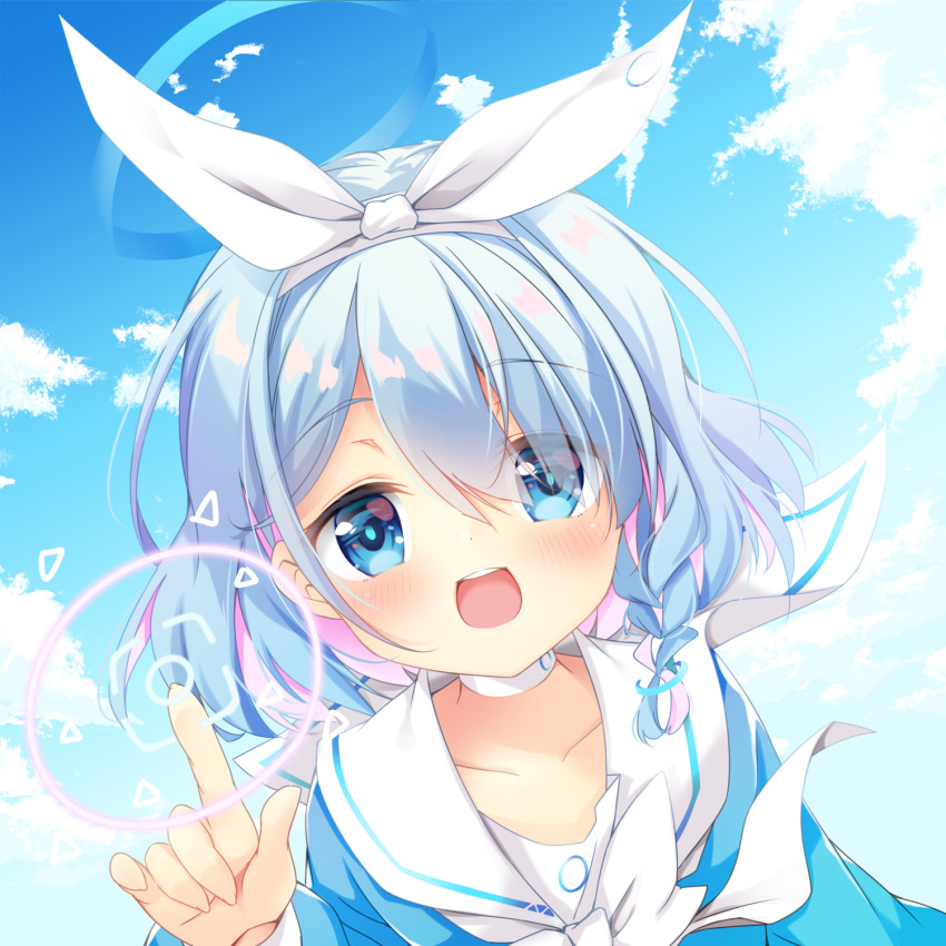 1girl :d arona_(blue_archive) bangs blue_archive blue_eyes blue_hair blue_shirt blue_sky blush bow braid choker clouds cloudy_sky collarbone commentary_request day eyebrows_visible_through_hair eyes_visible_through_hair hair_over_one_eye hair_ribbon hairband hand_up highres looking_at_viewer multicolored_hair natsuki_yuu_(amemizu) open_mouth outdoors pink_hair ribbon sailor_collar school_uniform serafuku shirt sky smile solo two-tone_hair upper_body upper_teeth white_bow white_choker white_hairband white_ribbon white_sailor_collar