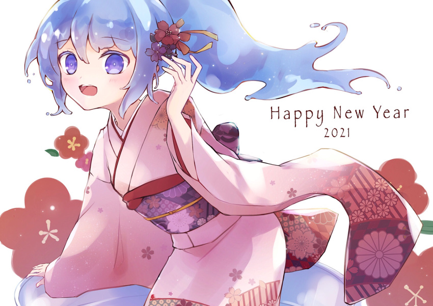 1girl 2021 7aka_ne11 :d arm_support blue_eyes blue_hair blue_slime blush commentary eyebrows_visible_through_hair floral_background floral_print flower flower_request furisode hair_flower hair_ornament hair_up hand_up happy_new_year in_container japanese_clothes jar kimono liquid_hair loli long_hair looking_at_viewer merc_(merc_storia) merc_storia minigirl monster_girl nengajou new_year obi open_mouth pink_kimono ponytail print_kimono round_teeth sash simple_background slime_girl smile solo teeth upper_body upper_teeth waist_bow white_background
