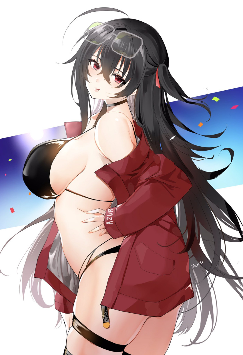 1girl artist_name azur_lane bikini black_bikini black_hair black_legwear breasts eyebrows_visible_through_hair eyewear_on_head hair_ornament hand_on_own_stomach highres hoerutarou jacket large_breasts long_hair looking_at_viewer open_clothes open_jacket racequeen red_eyes red_jacket simple_background solo standing swimsuit swimwear taihou_(azur_lane) taihou_(enraptured_companion)_(azur_lane) thigh-highs tongue tongue_out