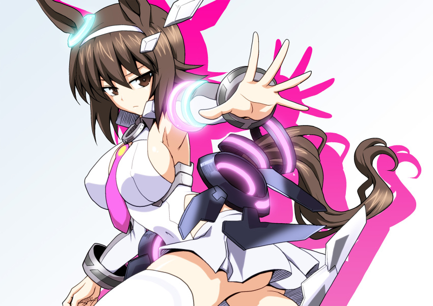 1girl animal_ears bangs between_breasts breasts brown_eyes brown_hair closed_mouth commentary cosplay covered_navel covered_nipples fake_animal_ears fake_tail frown girls_und_panzer hairband highres horse_ears horse_tail kamishima_kanon large_breasts leaning_forward looking_at_viewer mihono_bourbon mihono_bourbon_(cosplay) miniskirt necktie necktie_between_breasts nishizumi_maho pleated_skirt purple_neckwear reaching_out short_hair silhouette simple_background skirt solo standing tail tail_ornament thigh-highs umamusume white_background white_hairband white_legwear white_skirt
