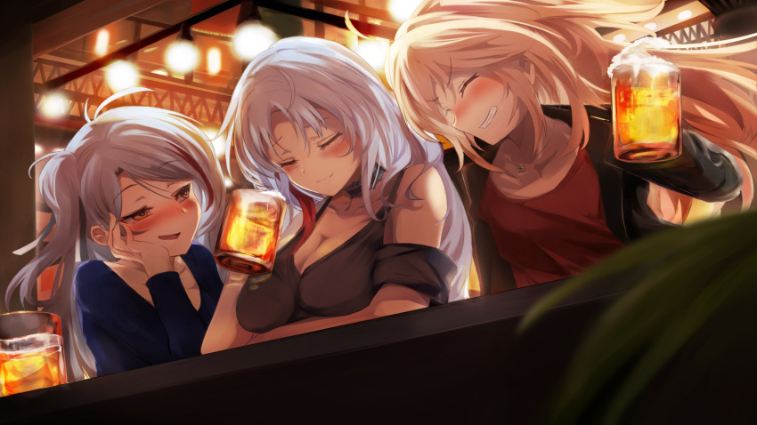 3girls :d ^_^ ^o^ admiral_hipper_(azur_lane) alcohol alternate_costume antenna_hair armband azur_lane bangs bar beer beer_mug blurry casual choker closed_eyes collarbone commentary_request contemporary cup depth_of_field eyebrows_visible_through_hair grey_eyes highres holding holding_cup lamp light_brown_hair long_hair mug multicolored_hair multiple_girls one_side_up open_mouth prinz_eugen_(azur_lane) shimofuji_jun sidelocks silver_hair smile tallinn_(azur_lane) two-tone_hair two_side_up