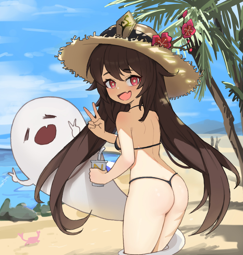 1girl absurdres beach bikini black_bikini blue_sky brown_hair crab cup day drinking_straw fang flower from_behind genshin_impact ghost ghost_tail hat highres holding holding_cup hu_tao kkusak_(kkusag_ks) looking_at_viewer looking_back micro_bikini open_mouth red_eyes red_flower sky smile straw_hat string_bikini swimsuit swimwear symbol-shaped_pupils thong_bikini tree twintails v