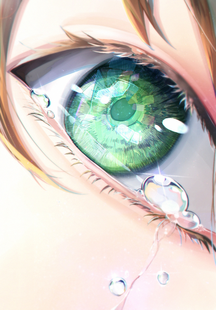 ambiguous_gender bangs brown_hair close-up colored_eyelashes commentary_request crying crying_with_eyes_open dutch_angle eyelashes eyes facing_viewer glint green_eyes highres light_particles looking_afar meiya_(dia_douya) original streaming_tears swept_bangs tareme tears