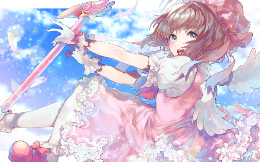 1girl antenna_hair arms_up bangs blue_sky blush bobby_socks bow brown_hair cardcaptor_sakura chikichi clouds commentary_request day dress eyebrows_visible_through_hair feathered_wings feathers flat_chest footwear_bow frilled_dress frills from_side glove_bow gloves green_eyes happy hat hat_bow highres holding holding_staff kinomoto_sakura letterboxed looking_back mary_janes mob_cap open_mouth outdoors outside_border outstretched_arms pantyhose pink_bow pink_dress pink_headwear puffy_short_sleeves puffy_sleeves red_bow red_footwear shiny shiny_hair shirt shoes short_hair short_sleeves sidelocks sky sleeveless sleeveless_dress smile socks solo staff teeth tongue white_gloves white_legwear white_shirt white_wings wings