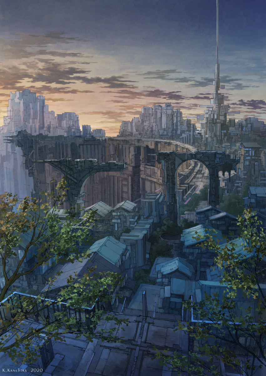 artist_name building city cityscape clouds cloudy_sky commentary_request highres k_kanehira no_humans original scenery science_fiction sky space_elevator sunrise tree urban