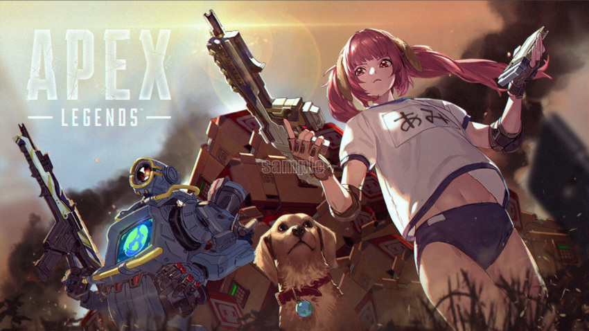 1boy 1girl apex_legends asssault_rifle borrowed_character brown_gloves buruma character_name copyright_name dog elbow_pads fingerless_gloves floating_hair gloves gun gym_costume gym_shirt hemlock holding holding_gun holding_weapon humanoid_robot logo looking_up one-eyed open_hand orange_eyes original parted_lips passimo pathfinder_(apex_legends) r-301_carbine red_eyes redhead sample shirt twintails watermark weapon
