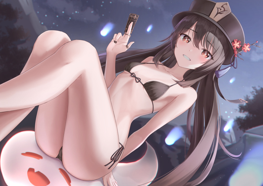 1girl ass bare_arms bare_legs bare_shoulders bikini black_bikini black_hair black_headwear black_nails breasts collarbone feet_out_of_frame flower front-tie_bikini front-tie_top genshin_impact ghost grin halterneck hat hat_flower highres hitodama holding hu_tao jewelry long_hair looking_at_viewer marinesnow micro_bikini multiple_rings nail_polish red_eyes ring side-tie_bikini small_breasts smile solo star-shaped_pupils star_(symbol) string_bikini swimsuit symbol-shaped_pupils talisman thighs twintails very_long_hair