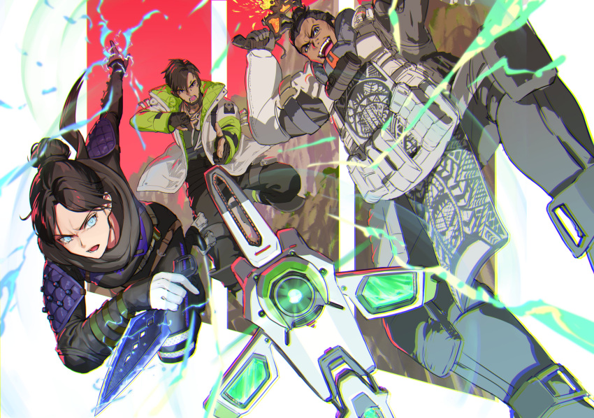 1girl 2boys absurdres apex_legends axe black_hair blue_eyes breasts charging_forward crypto_(apex_legends) dark_skin dark_skinned_male drone electricity finger_gun floating_scarf gibraltar_(apex_legends) glowing green_sleeves grey_scarf hack_(apex_legends) hair_behind_ear hair_bun highres holding holding_axe holding_knife jacket knife medium_breasts multiple_boys nemoto_yuuma open_hand open_mouth scarf v-shaped_eyebrows white_jacket wraith_(apex_legends)