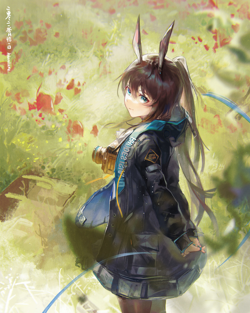 1girl absurdres amiya_(arknights) animal_ears arknights arms_behind_back bangs basket black_coat blue_eyes brown_hair brown_legwear camera camera_on_neck coat commentary cowboy_shot day daylightallure english_commentary field flower flower_field footprints full_body grass hands_clasped head_tilt highres jewelry leaf long_hair long_sleeves looking_at_viewer multiple_rings open_clothes open_coat own_hands_together pantyhose pocket ponytail rabbit_ears ring scenery sidelocks snow solo thumb_ring walking
