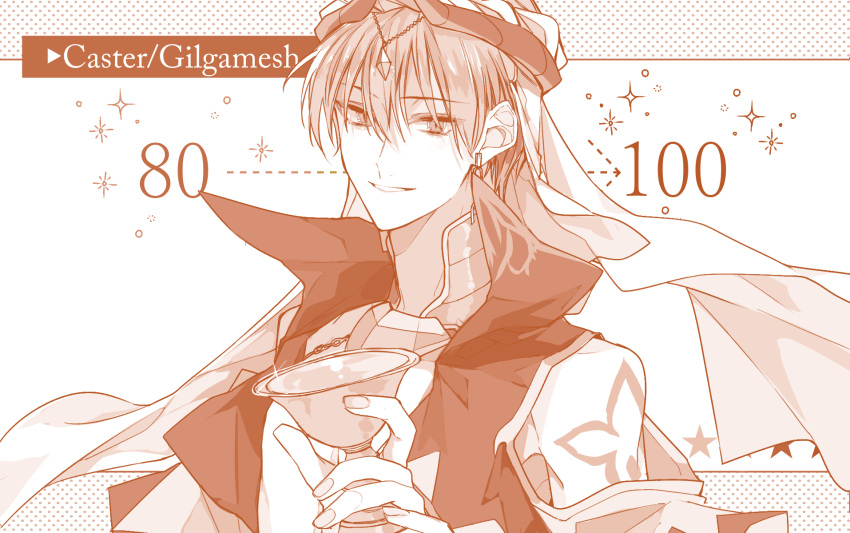 1boy arrow_(symbol) character_name earrings fate/grand_order fate_(series) fingernails gameplay_mechanics gilgamesh gilgamesh_(caster)_(fate) highres holding holy_grail_(fate) jewelry looking_at_viewer male_focus mizuki_(mz) monochrome orange_theme popped_collar shoulder_tattoo smile solo star_(symbol) tattoo turban upper_body vest