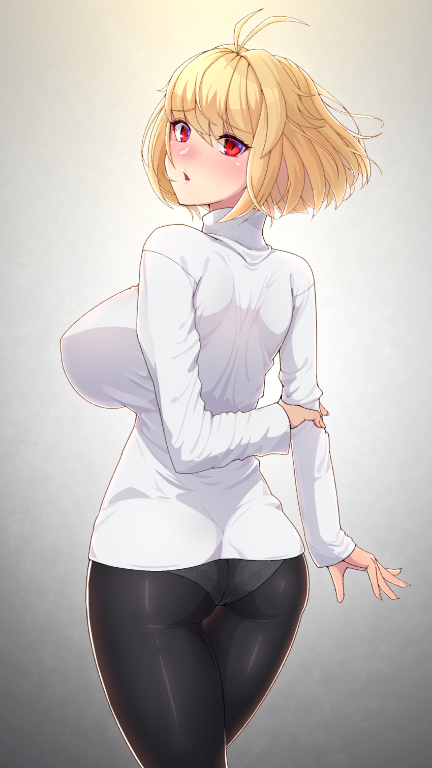 1girl antenna_hair arcueid_brunestud arm_behind_back ass back bangs black_legwear blonde_hair blush breasts cowboy_shot crossed_legs eyebrows_visible_through_hair from_behind gradient gradient_background highres holding_own_arm impossible_clothes impossible_sweater kemurin large_breasts looking_at_viewer looking_back no_pants panties panties_under_pantyhose pantyhose parted_lips red_eyes shiny shiny_clothes shiny_legwear short_hair slit_pupils solo standing sweater tsukihime tsukihime_(remake) turtleneck turtleneck_sweater underwear white_panties