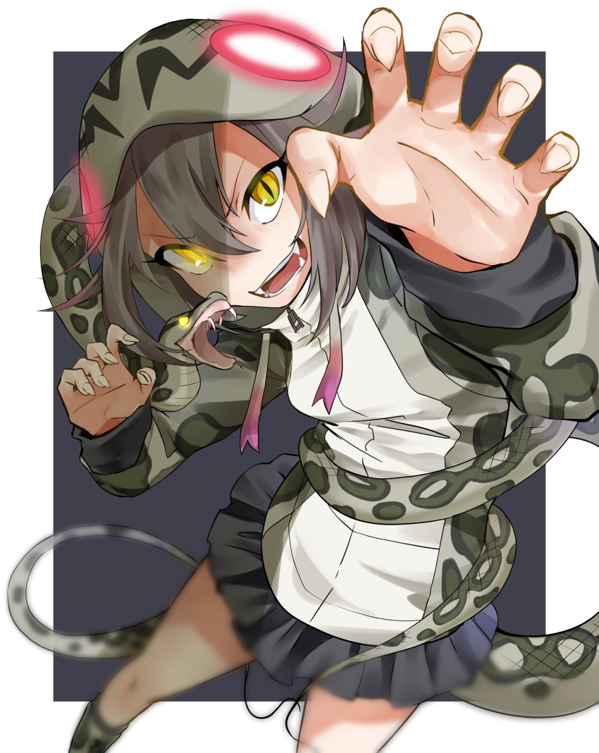 1girl animal animal_print bare_legs boots evil_smile fangs fingernails foreshortening glowing glowing_eye grey_hair habu_(kemono_friends) hair_between_eyes highres hood hood_up hooded_jacket isobee jacket kemono_friends long_sleeves looking_at_viewer miniskirt open_mouth print_jacket sharp_fingernails skirt slit_pupils smile snake snake_print snake_tail tail tail_wrap v-shaped_eyebrows yellow_eyes zipper zipper_pull_tab