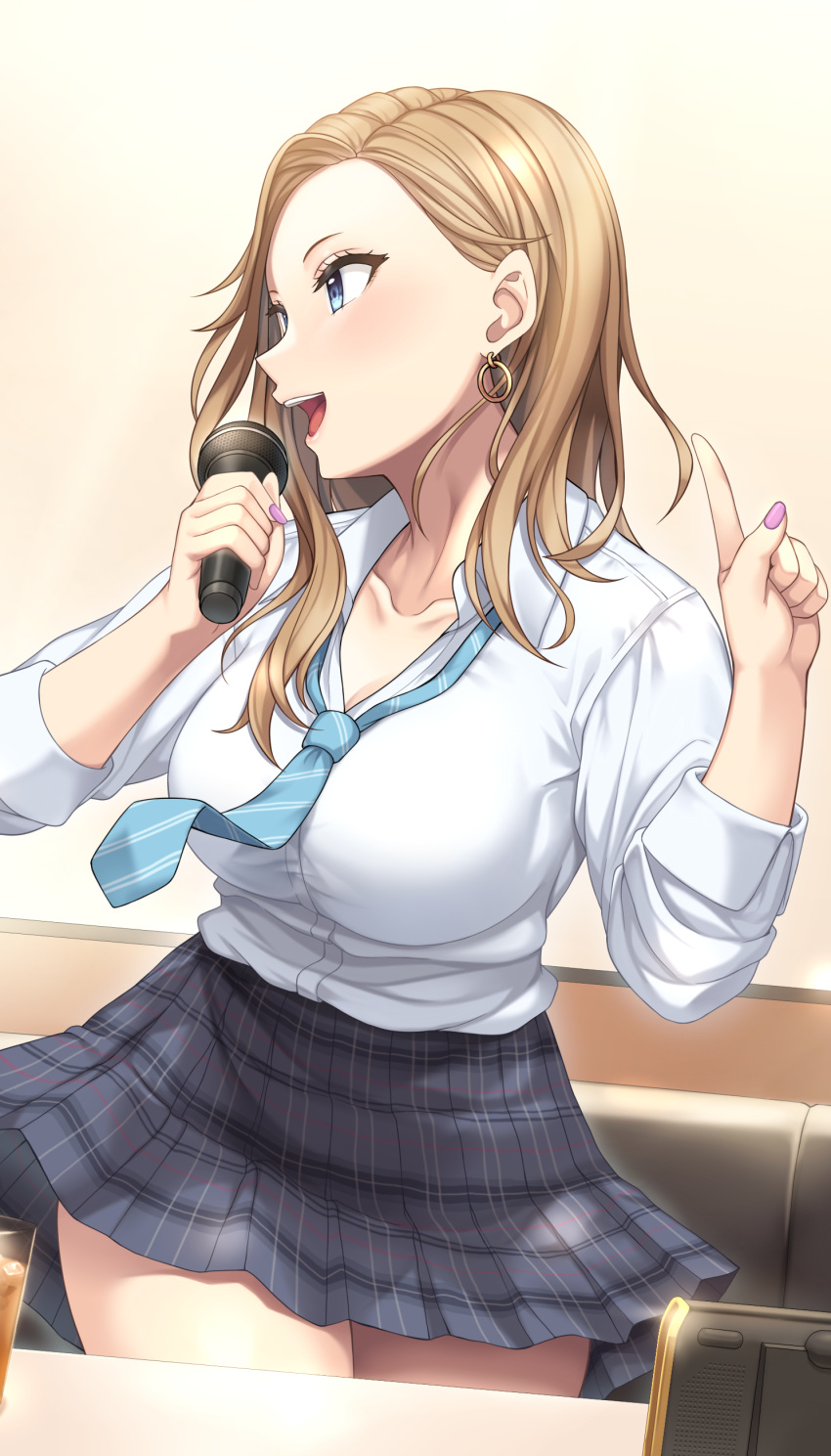 1girl :d absurdres black_skirt blonde_hair blue_eyes blue_neckwear blush breasts collared_shirt cowboy_shot earrings gyaru highres hiiragi_hajime holding holding_microphone index_finger_raised indoors jewelry karaoke kogal large_breasts long_hair long_sleeves looking_away looking_to_the_side microphone miniskirt music nail_polish necktie open_mouth original pink_nails plaid plaid_skirt pleated_skirt school_uniform shirt singing skirt smile solo striped striped_neckwear white_shirt