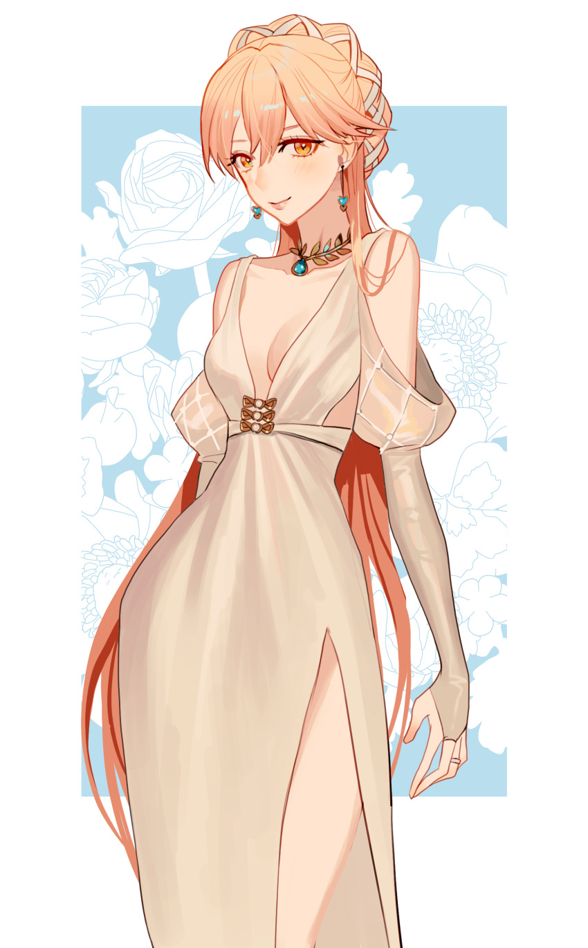 1girl absurdres blonde_hair blush breasts closed_mouth dress earrings eyebrows_visible_through_hair girls_frontline hair_ornament highres jewelry lips long_hair looking_at_viewer necklace orange_eyes ots-14_(girls_frontline) ring simple_background small_breasts smile sobi_(dnenqkswja) solo standing wedding_band white_dress