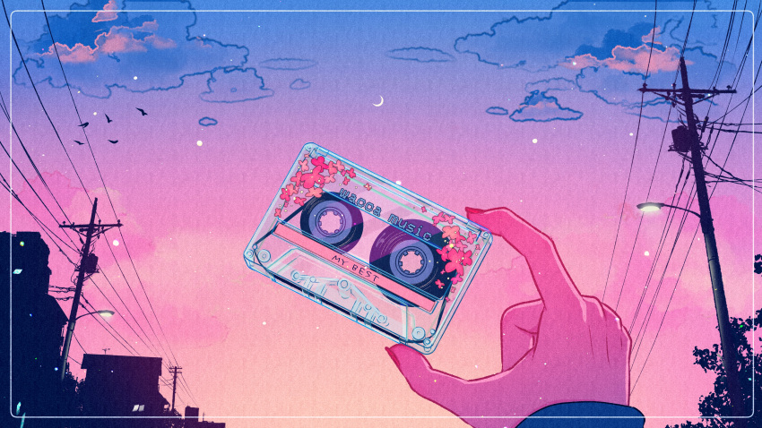 absurdres bird cassette_tape clouds english_text evening hands highres holding house nail_art original retro_artstyle sky tree twilight utility_pole