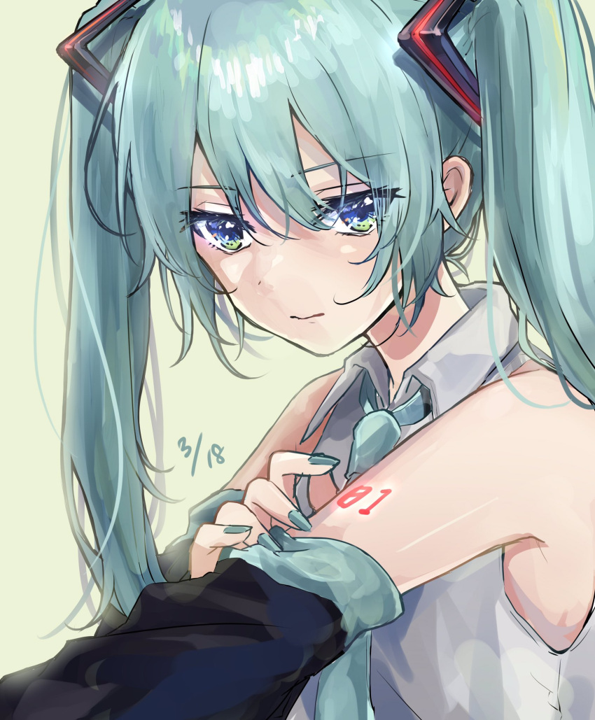 1girl aqua_eyes aqua_hair aqua_nails aqua_neckwear bare_shoulders black_sleeves close-up commentary dated detached_sleeves green_background grey_shirt hair_ornament half-closed_eyes hatsune_miku highres light_frown long_hair looking_at_viewer nail_polish necktie pafufu shirt shoulder_tattoo sleeveless sleeveless_shirt solo tattoo tsurime twintails upper_body very_long_hair vocaloid